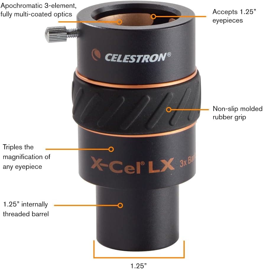 Celestron 1.25 Inch X-Cel LX 3X Barlow Lens, Black 2