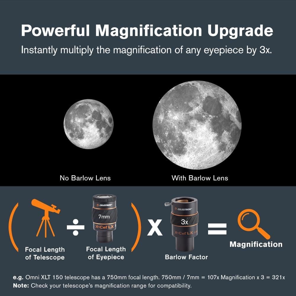 Celestron 1.25 Inch X-Cel LX 3X Barlow Lens, Black 3