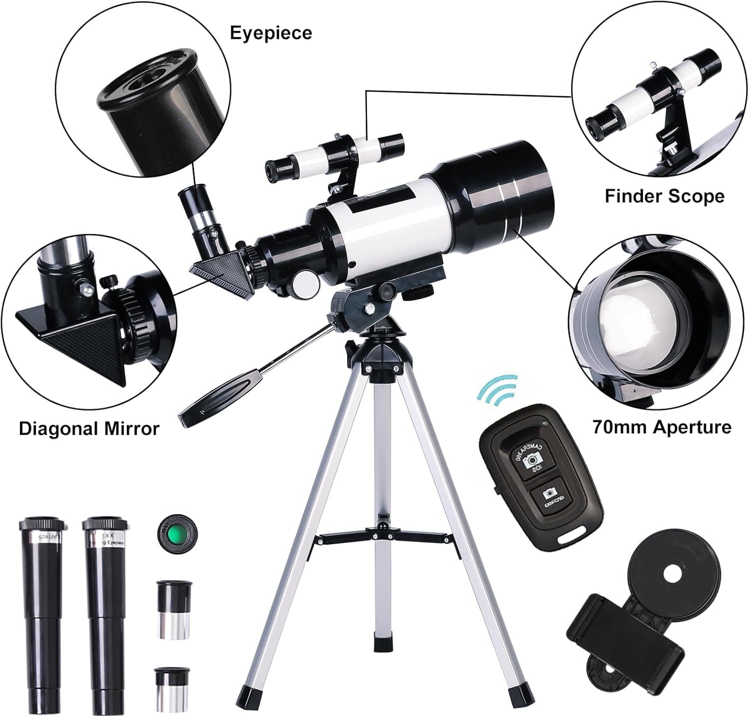Telescope for Adults & Kids, 70mm Aperture Refractor (15X-150X) Portable Travel 2