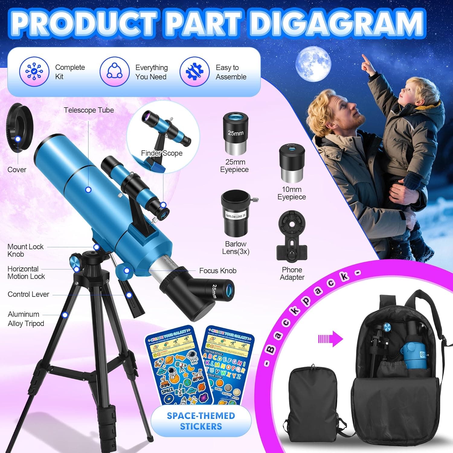 Telescope for Adults & Kids, 80mm Aperture 500mm (20X-150X) Professional Refract 6