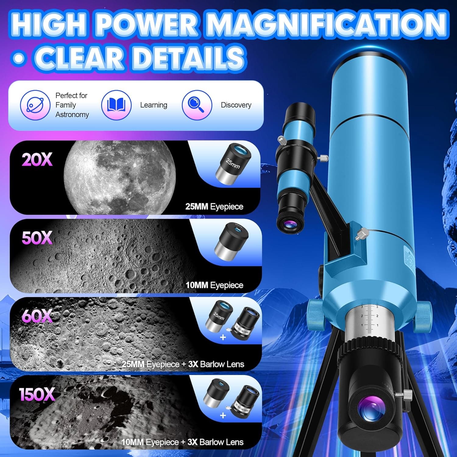 Telescope for Adults & Kids, 80mm Aperture 500mm (20X-150X) Professional Refract 3