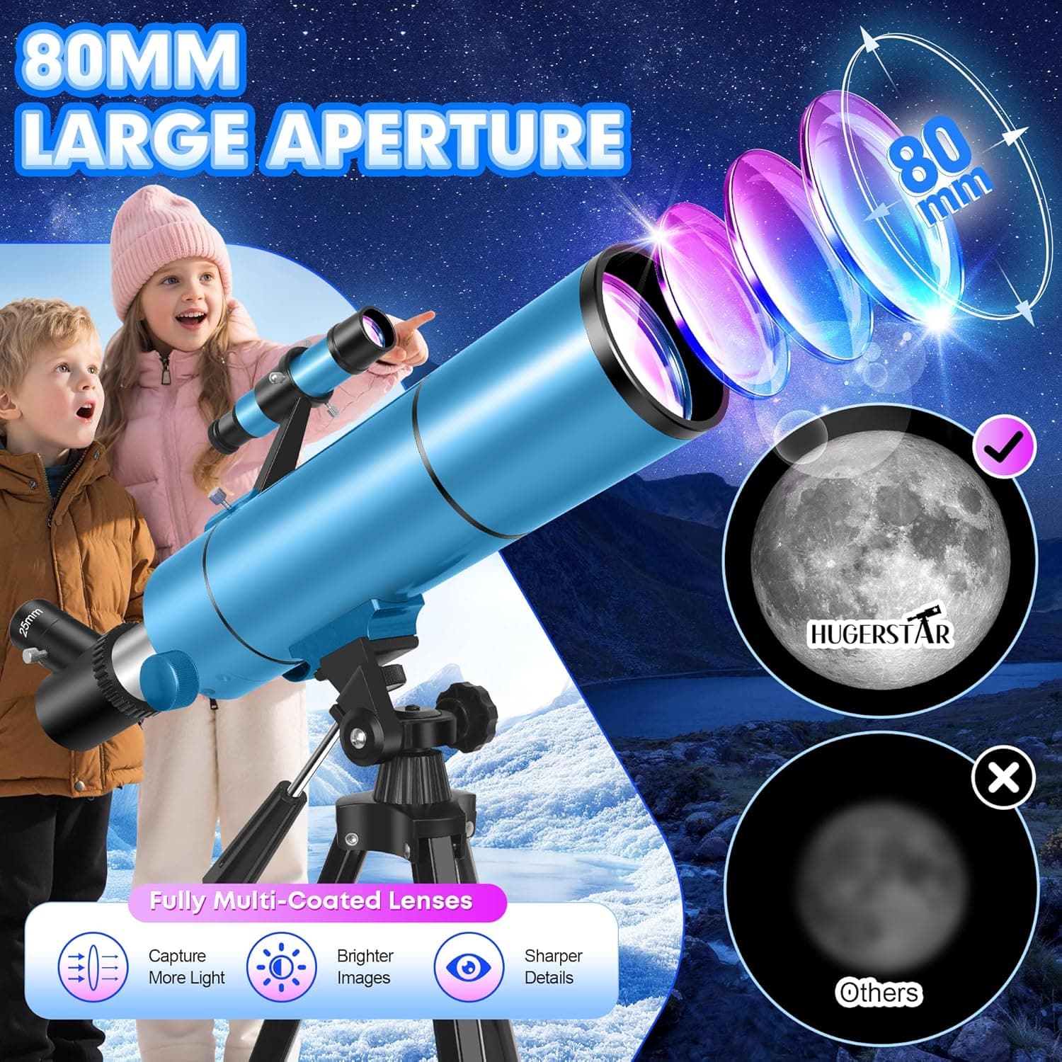 Telescope for Adults & Kids, 80mm Aperture 500mm (20X-150X) Professional Refract 2