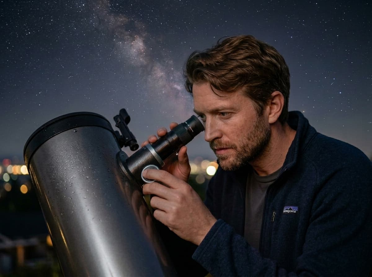 Alex Lindgren observing with a reflector telescope under the Milky Way
