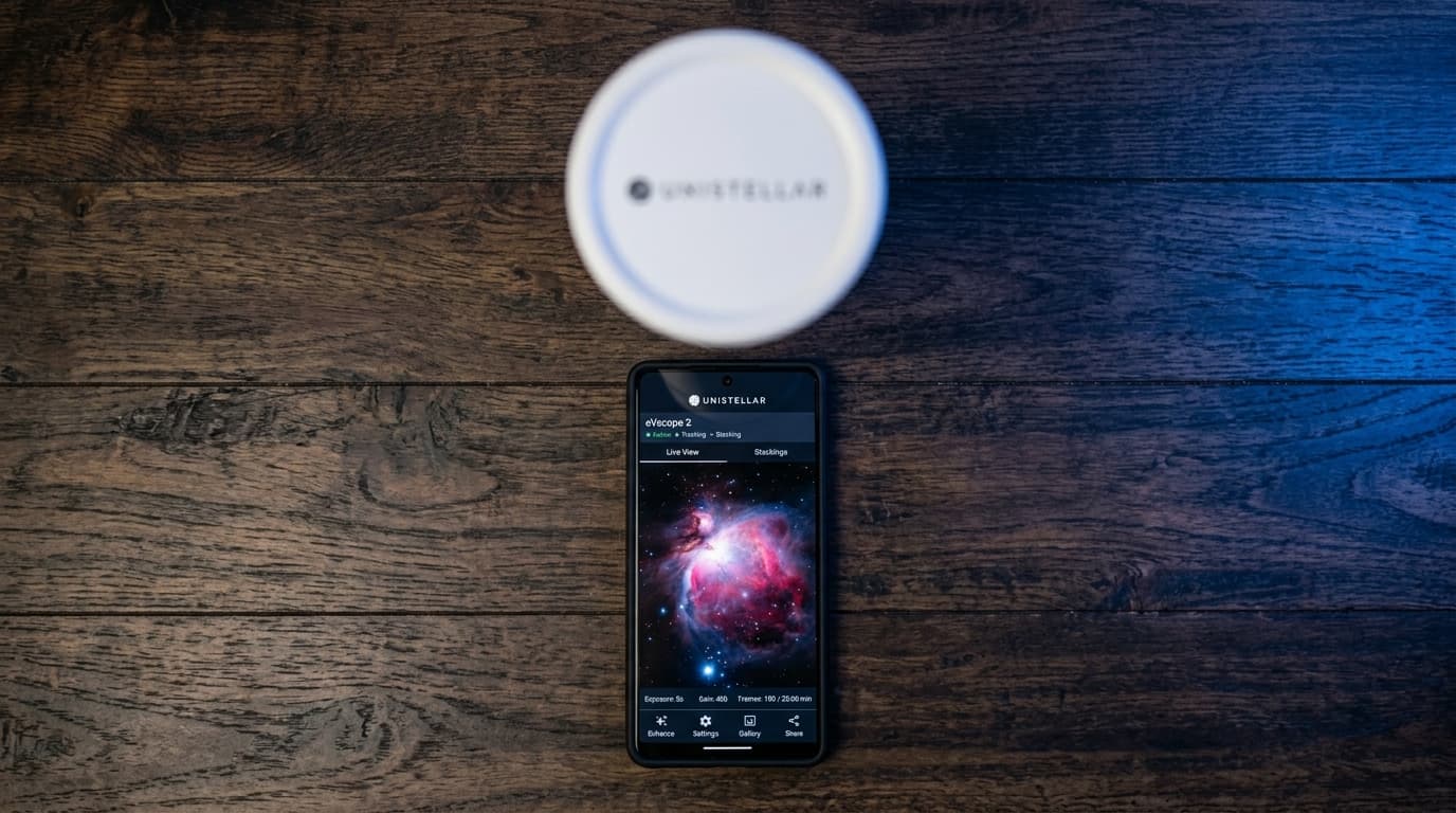 Smartphone displaying a live-stacked nebula image from a smart telescope