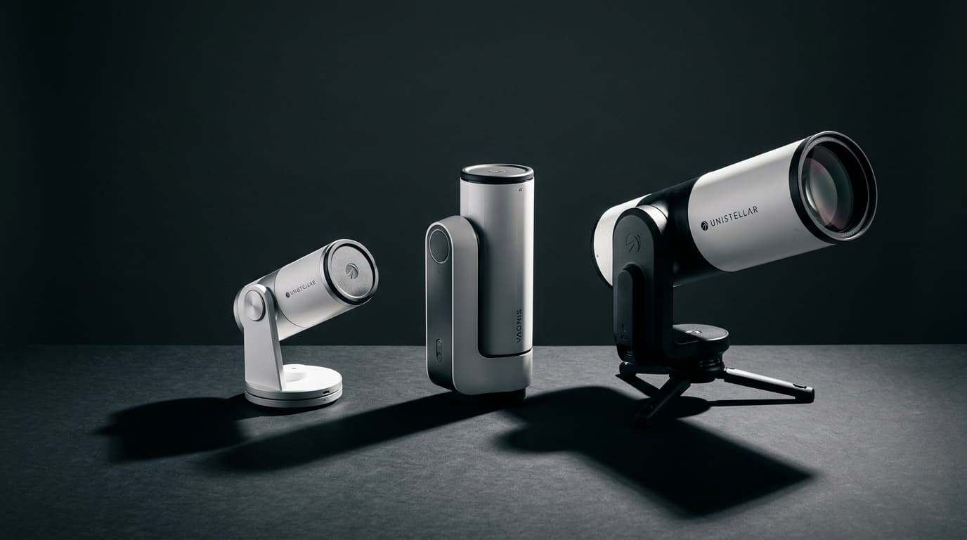 Three smart telescopes of different sizes arranged smallest to largest