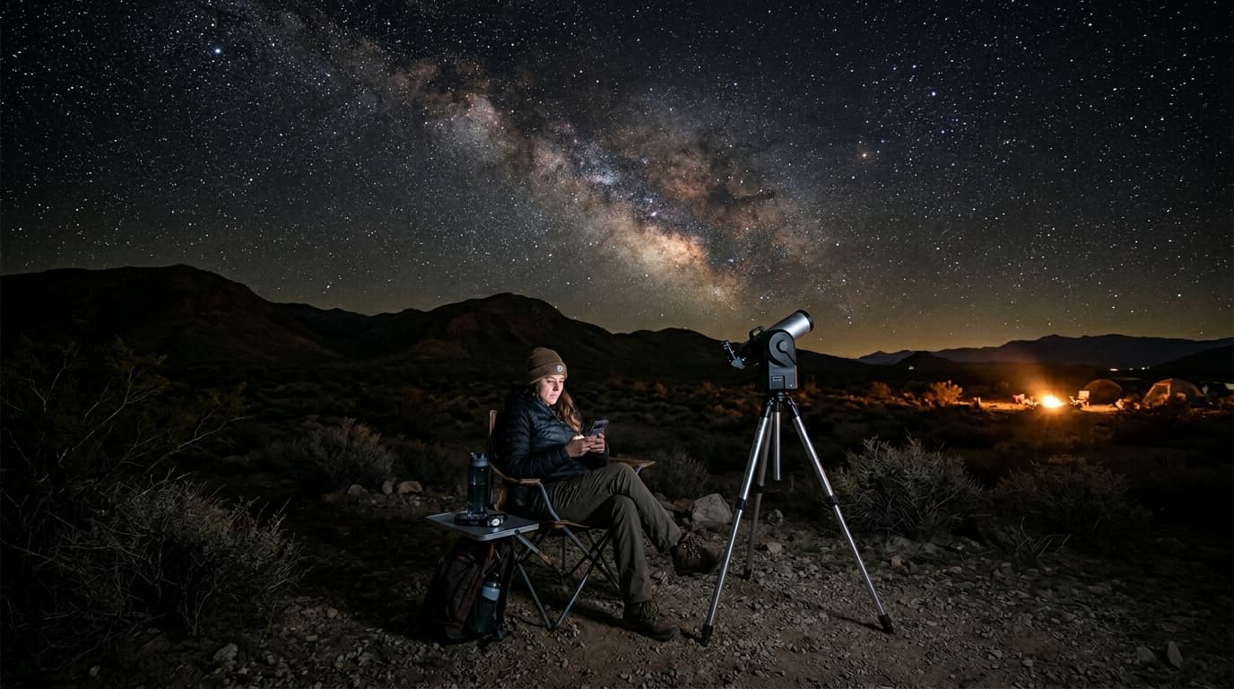 Person viewing a smart telescope image on their phone at a dark sky site