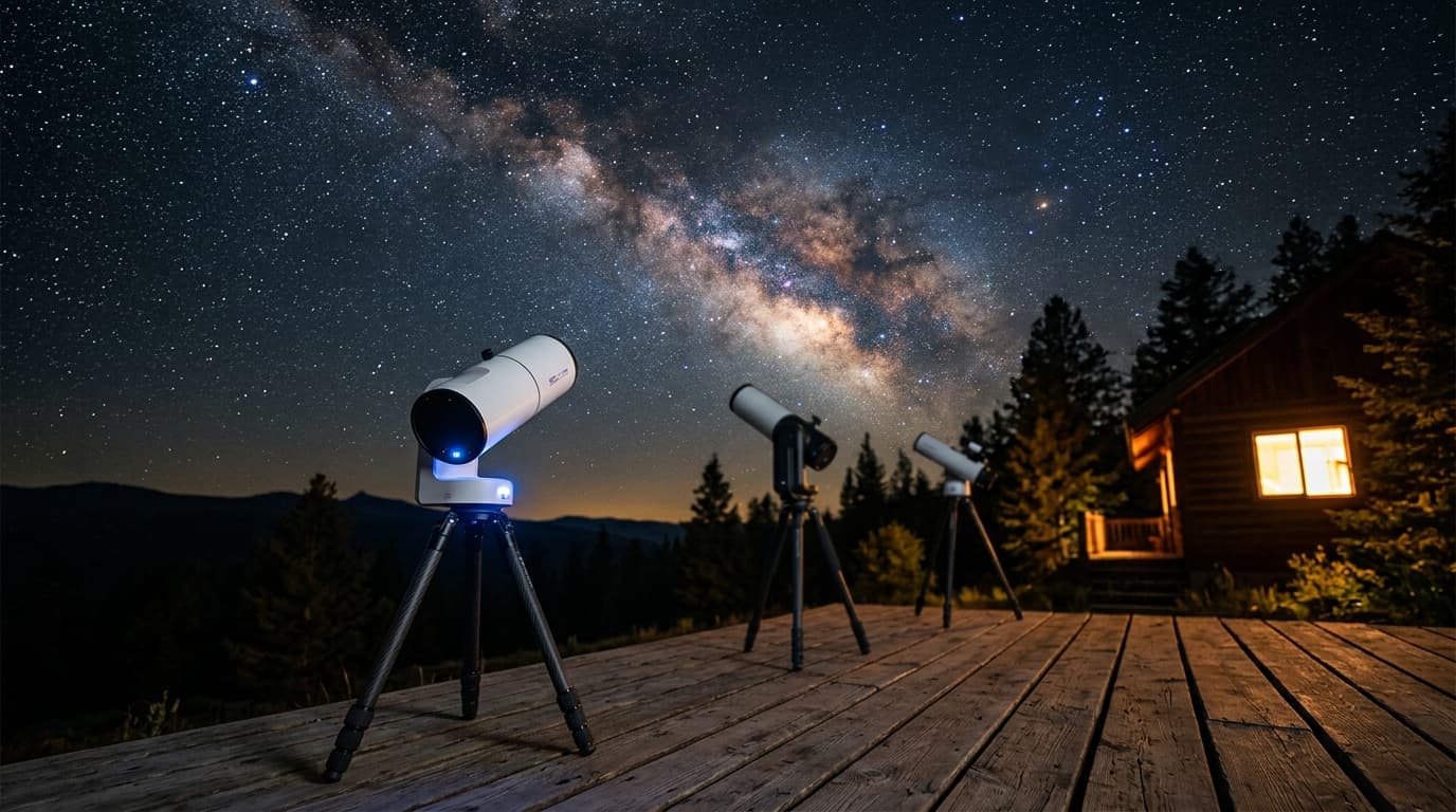 Smart telescopes arranged on a table under a starry night sky