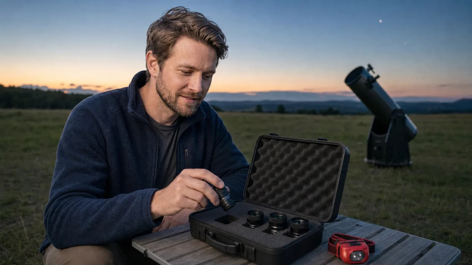 Organizing a padded case of telescope eyepieces at a field setup