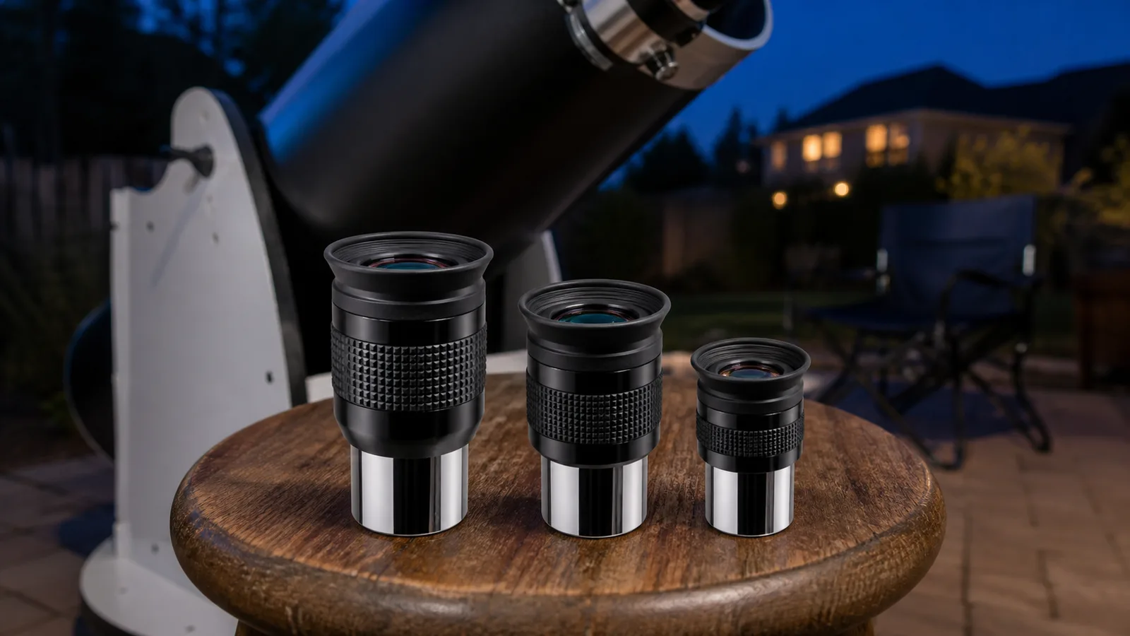 Three eyepieces of different focal lengths standing beside a Dobsonian focuser at dusk