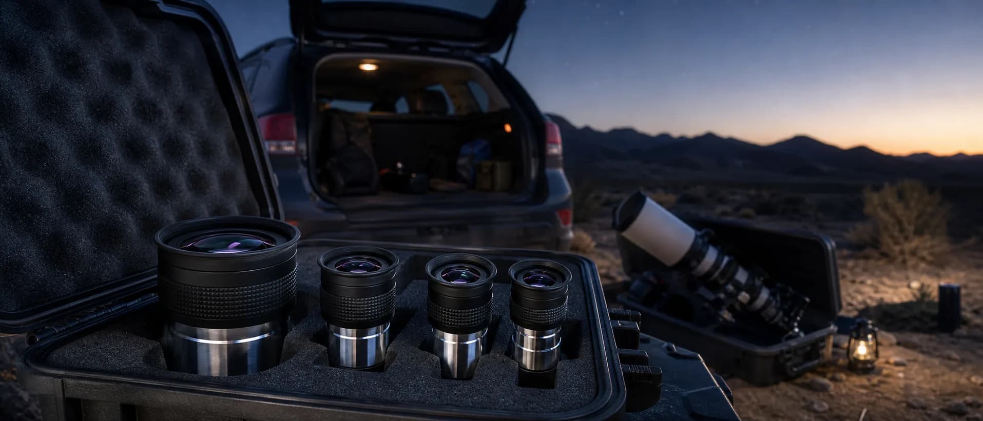 A set of telescope eyepieces laid out beside a telescope under early evening sky