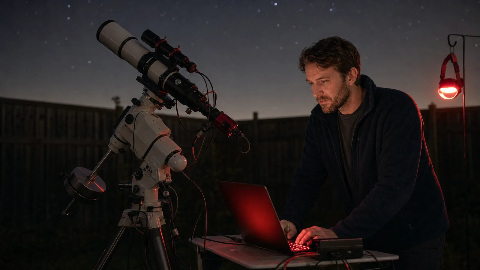 Alex Lindgren configures a deep-sky imaging rig at night, autoguider running and a red-lit laptop on the table beside the mount