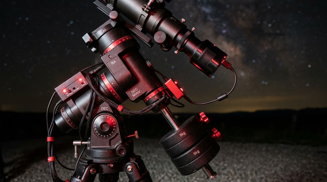 Close-up of equatorial mount head with counterweights and camera at prime focus