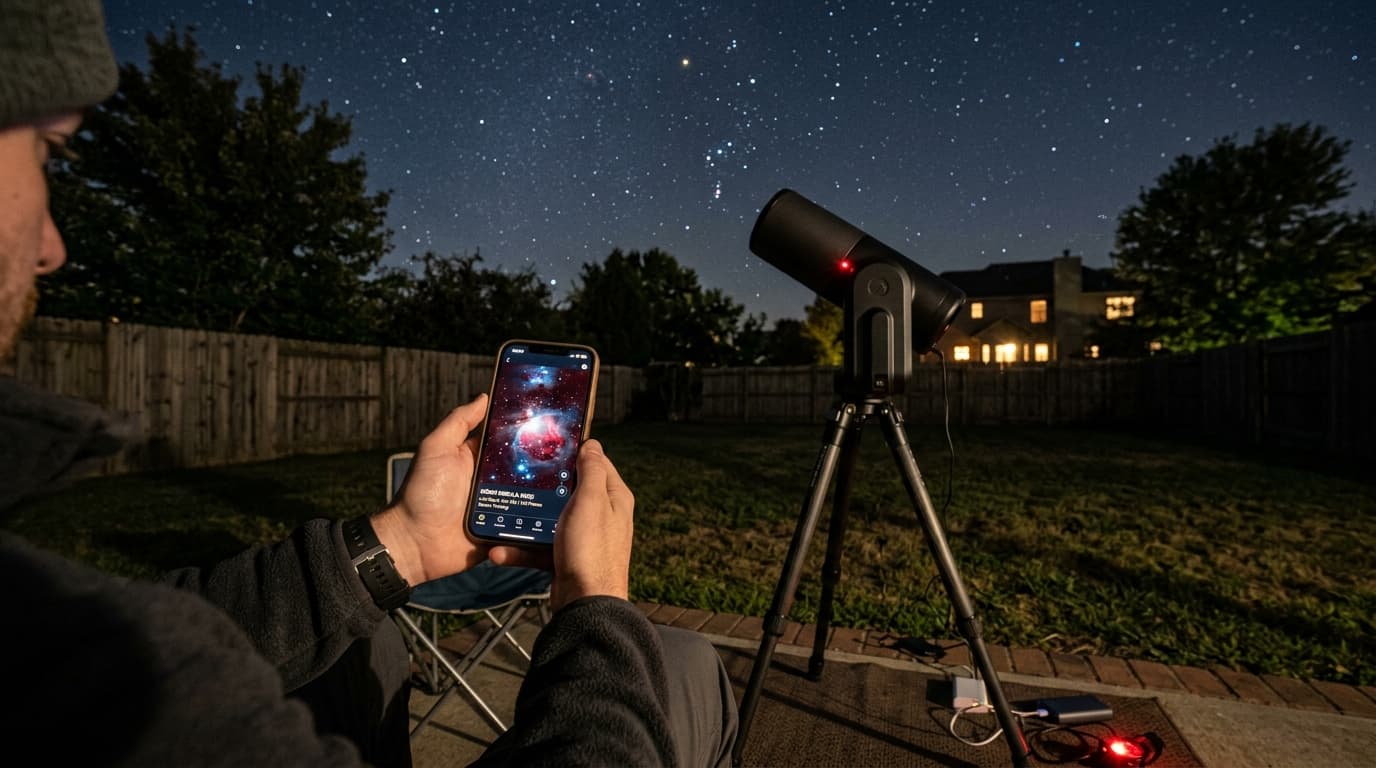 Smart telescope in a backyard with phone showing live-stacked nebula image