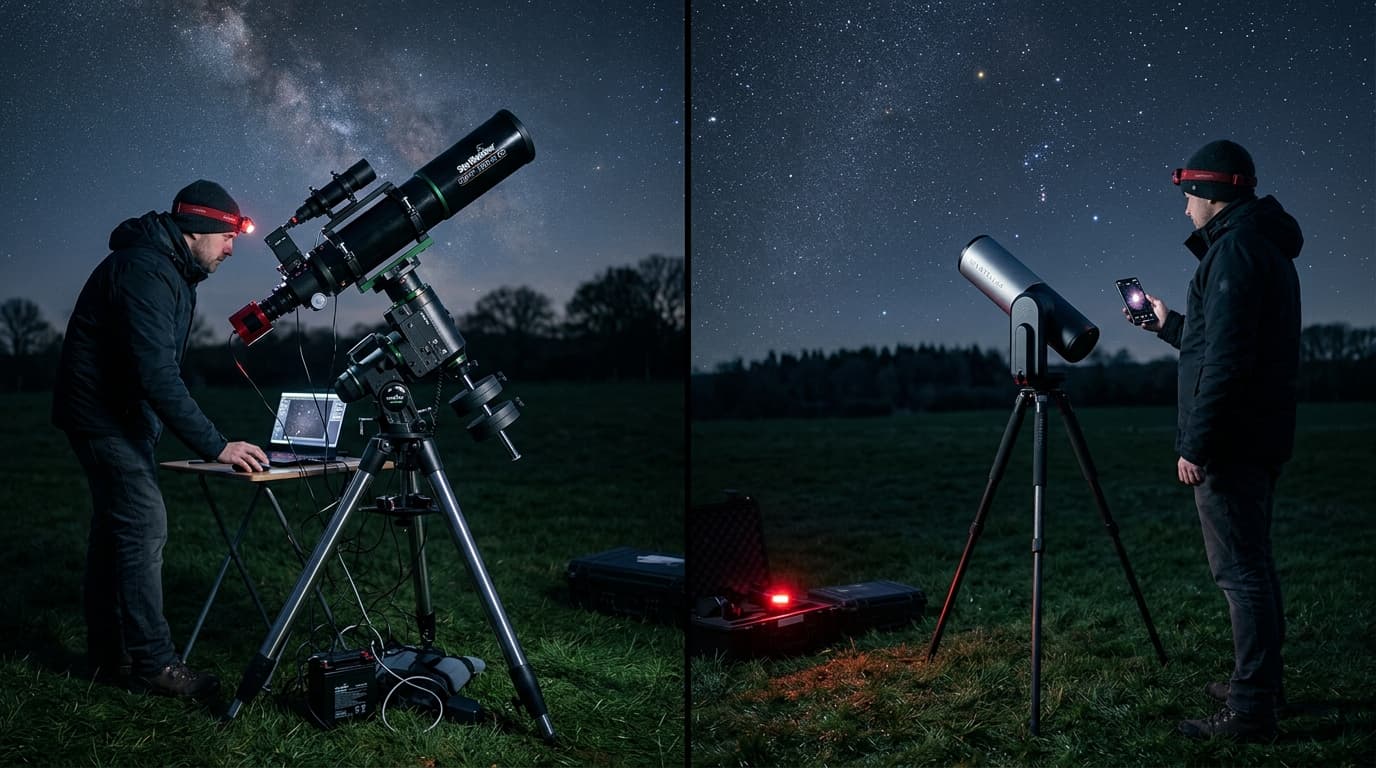 Traditional telescope with camera on equatorial mount next to a smart telescope