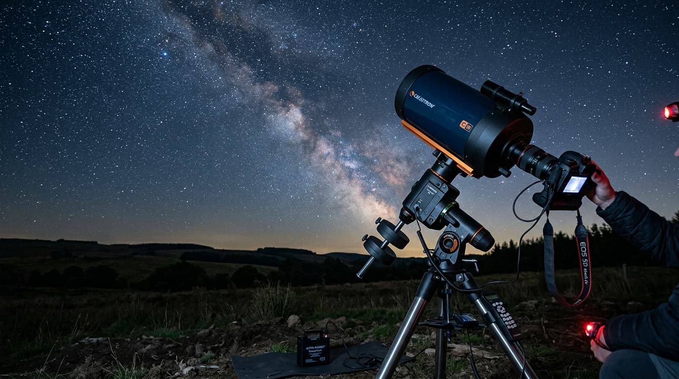 Telescope on equatorial mount capturing the night sky with a camera attached