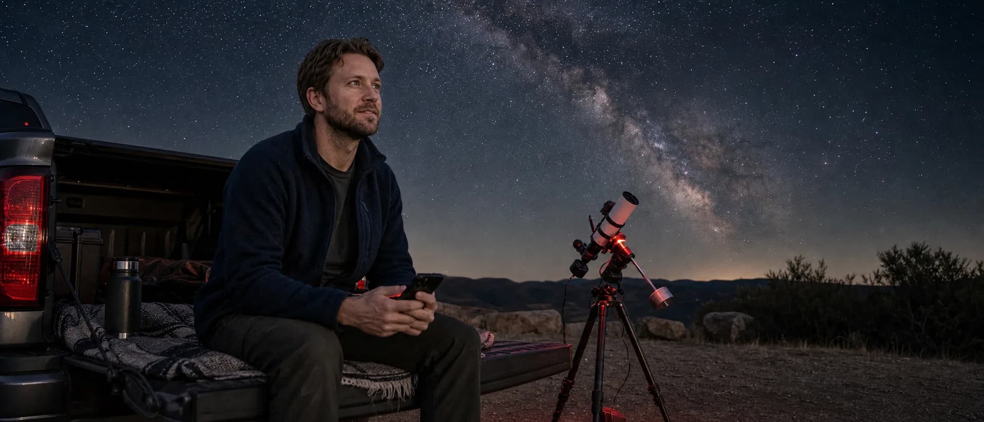 Astrophotographer with a tracking deep-sky imaging rig under a dark night sky