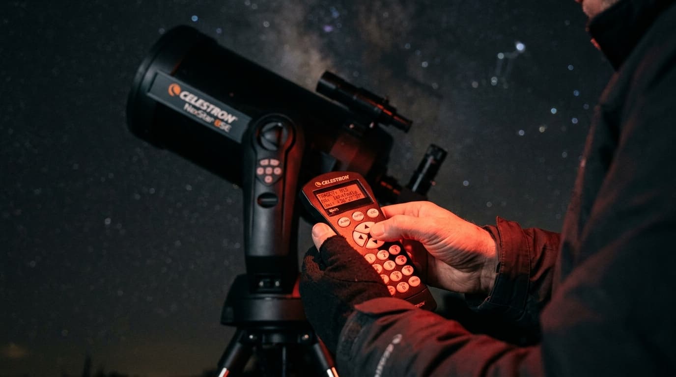 Close-up of hands adjusting a GoTo hand controller at night with red flashlight illumination