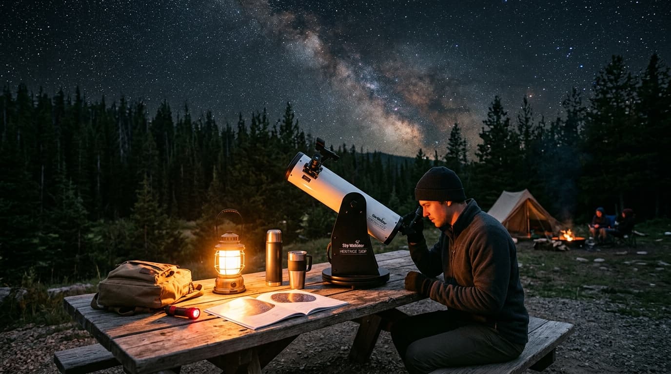 A tabletop Dobsonian telescope on a picnic table at a dark sky site with the Milky Way overhead