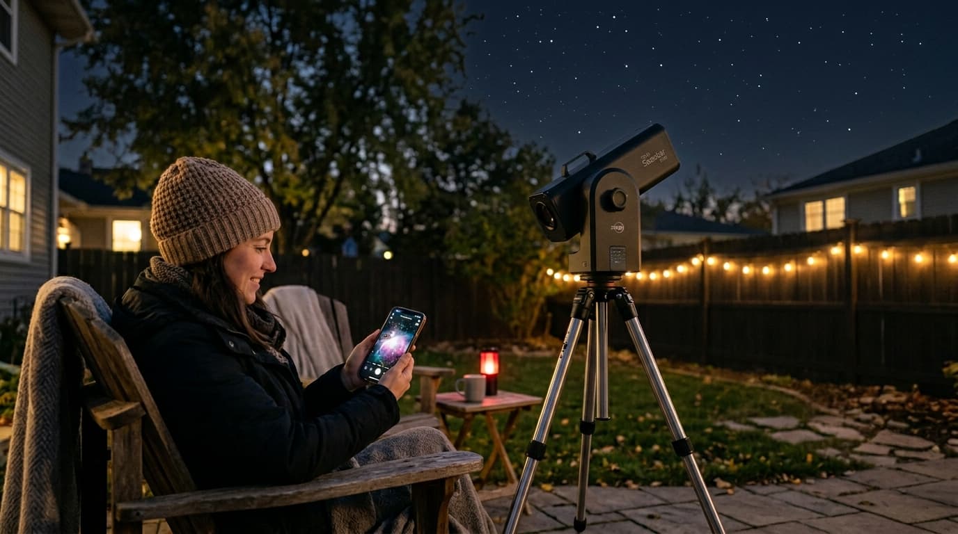 A ZWO Seestar S50 smart telescope in a suburban backyard with a phone showing a nebula image