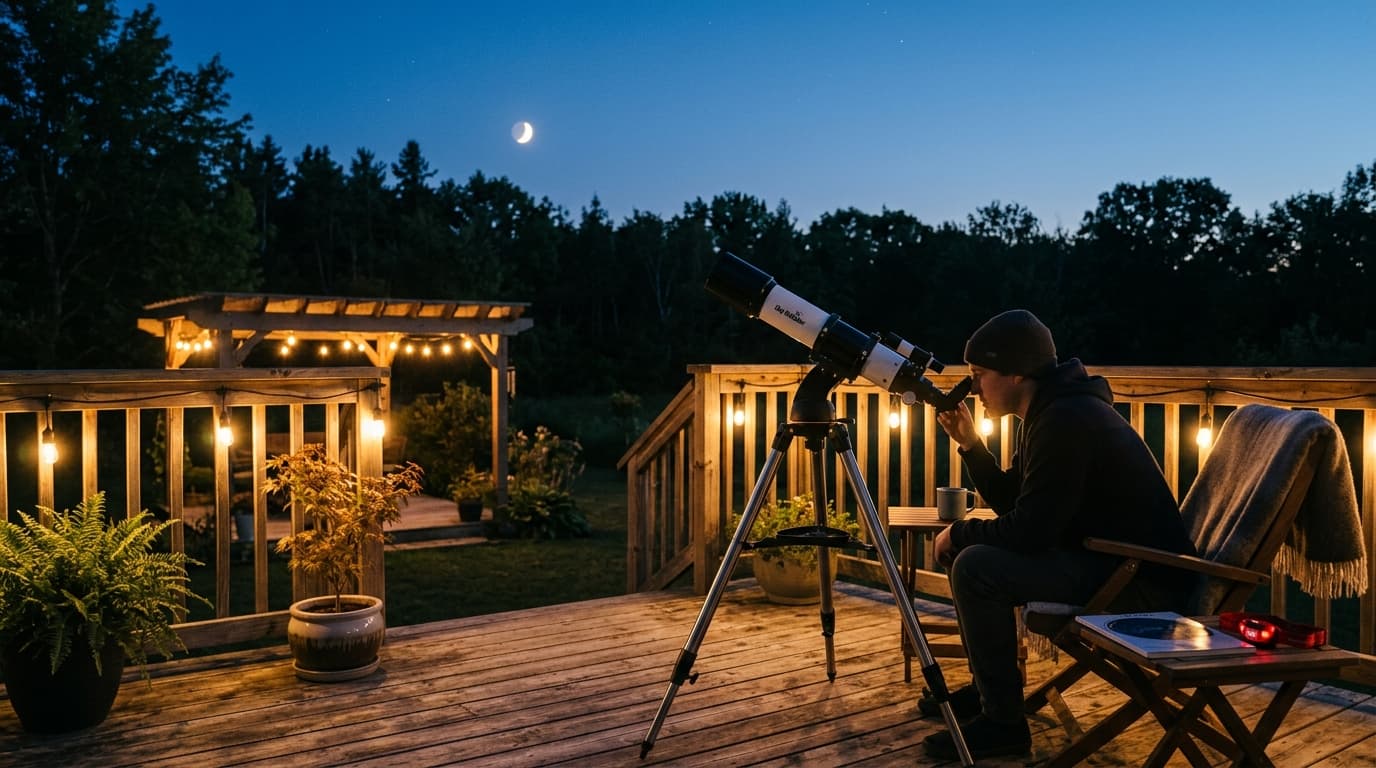 Beginner telescope set up on a backyard patio at dusk with the Moon visible in the sky