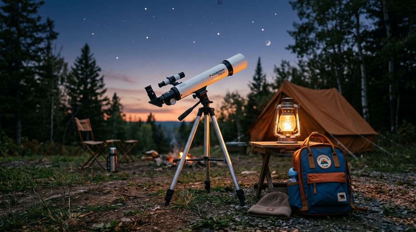 A lightweight 70mm refractor telescope at a campsite with a backpack nearby at dusk