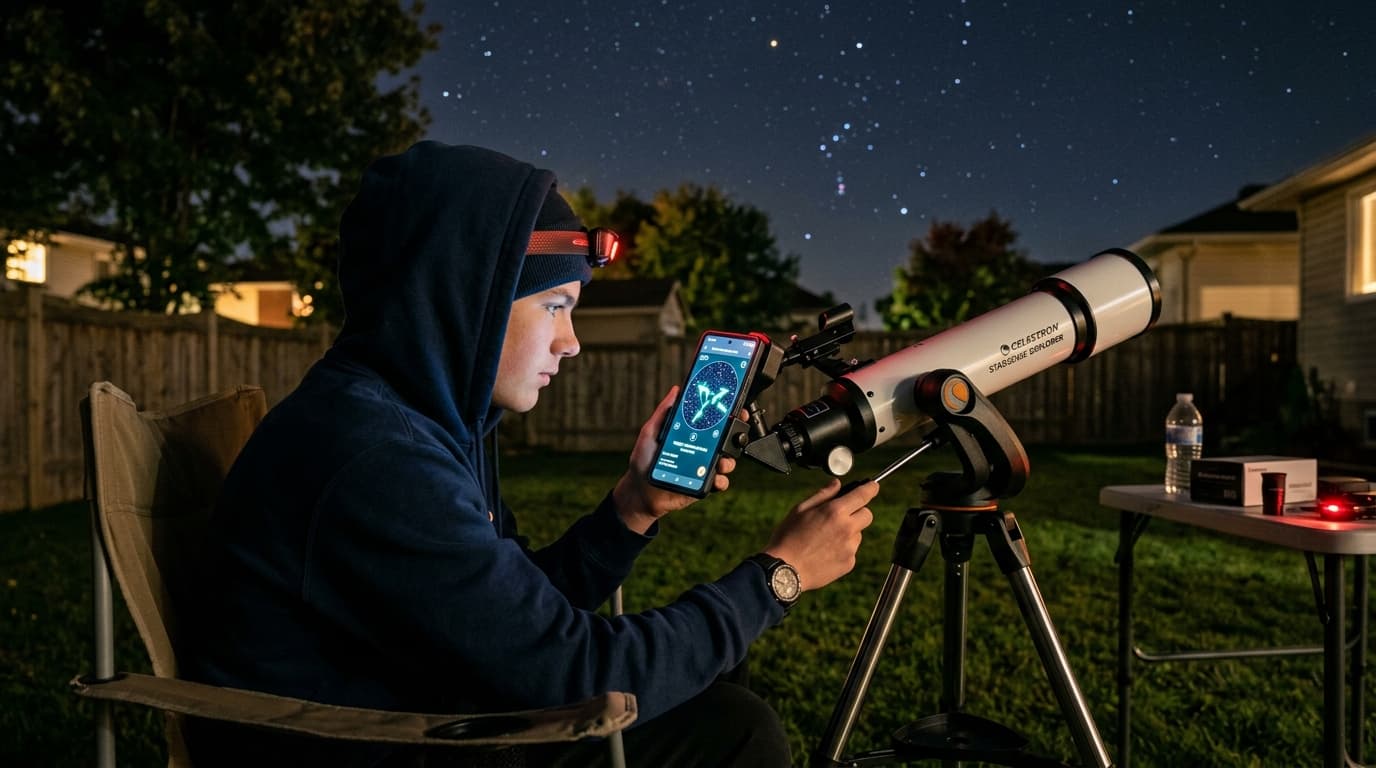 A teenager using a smartphone docked on a StarSense Explorer telescope in a backyard at night