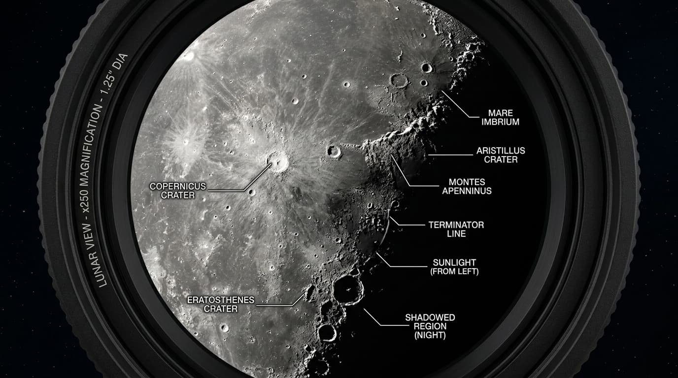 Close-up of the Moon's craters through a telescope eyepiece showing shadow detail along the terminator