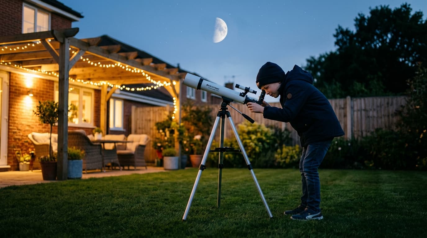 Child looking through a telescope at the night sky