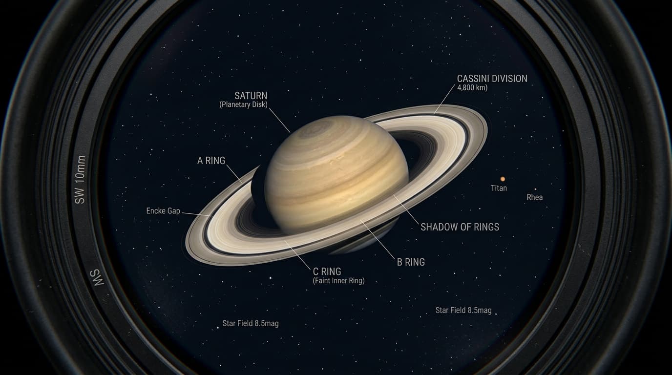 Simulated eyepiece view of Saturn showing ring detail and Cassini Division