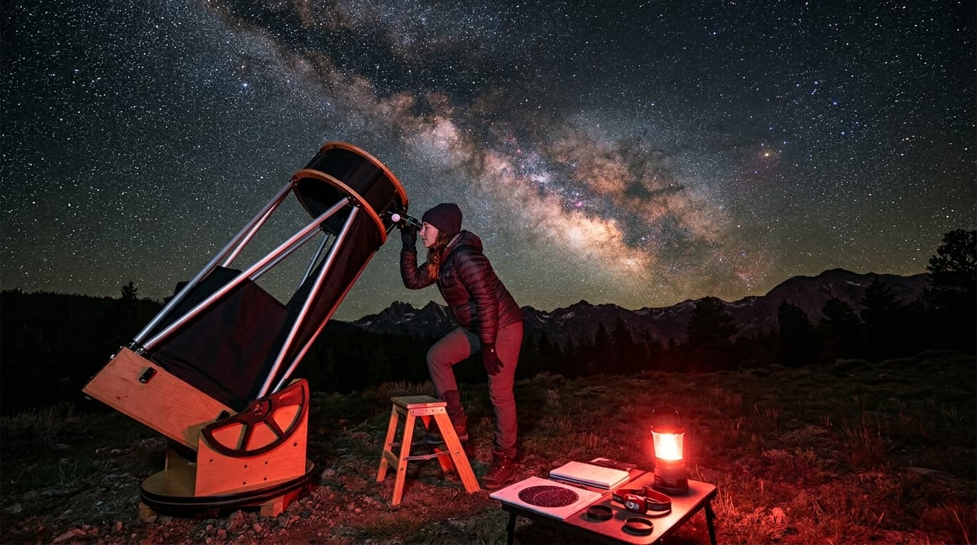 A large Dobsonian telescope at a dark sky site with a person observing and the Milky Way overhead