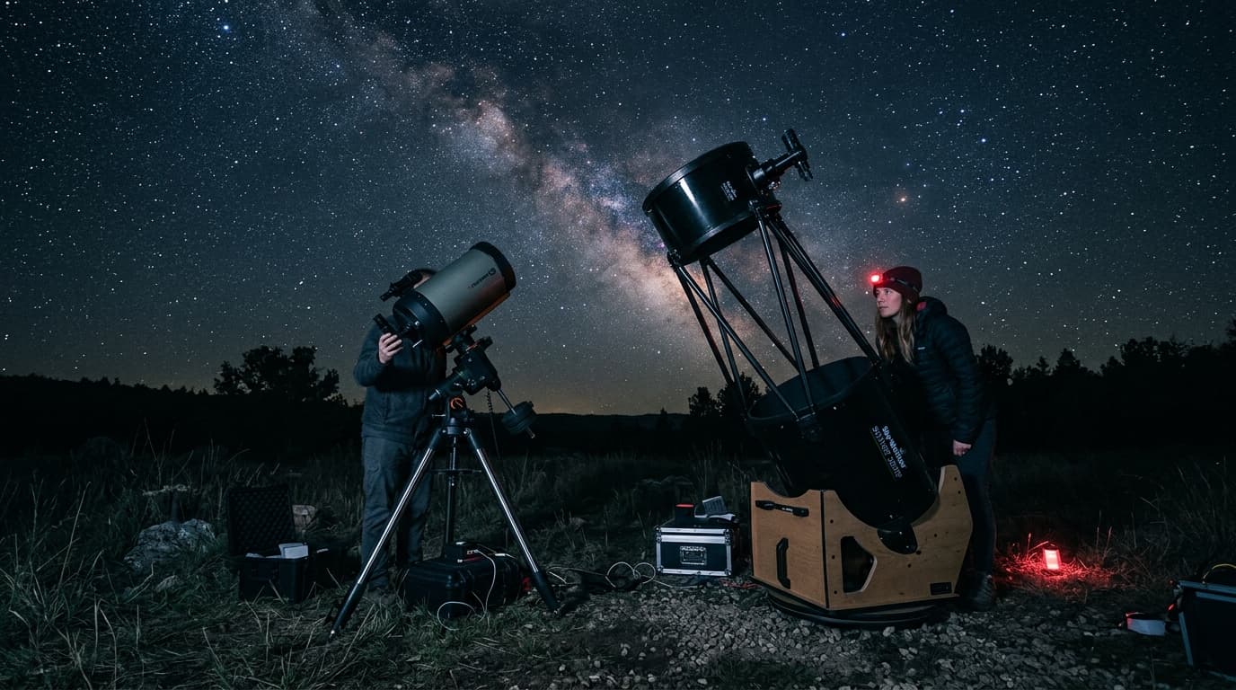 Two telescopes side by side at night, a compact SCT and a large Dobsonian, comparing sizes