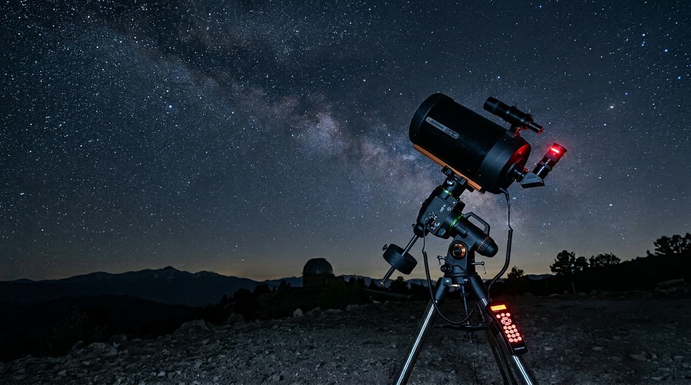 Telescope pointed at the night sky with Saturn visible
