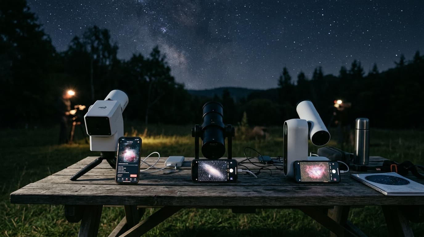 Three smart telescopes on a table outdoors at night with phone screens showing deep sky images