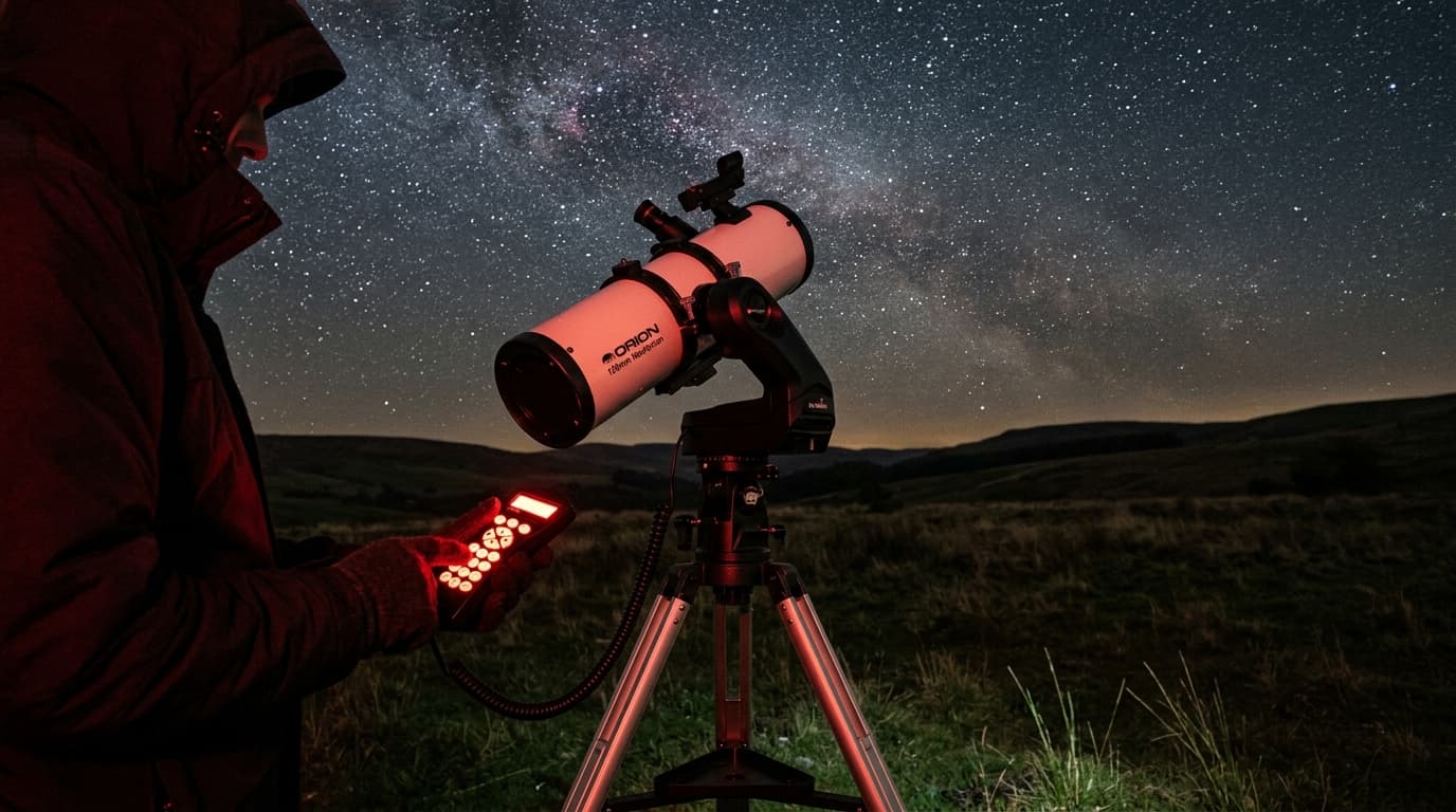 A GoTo Newtonian reflector in a field at night with the hand controller visible