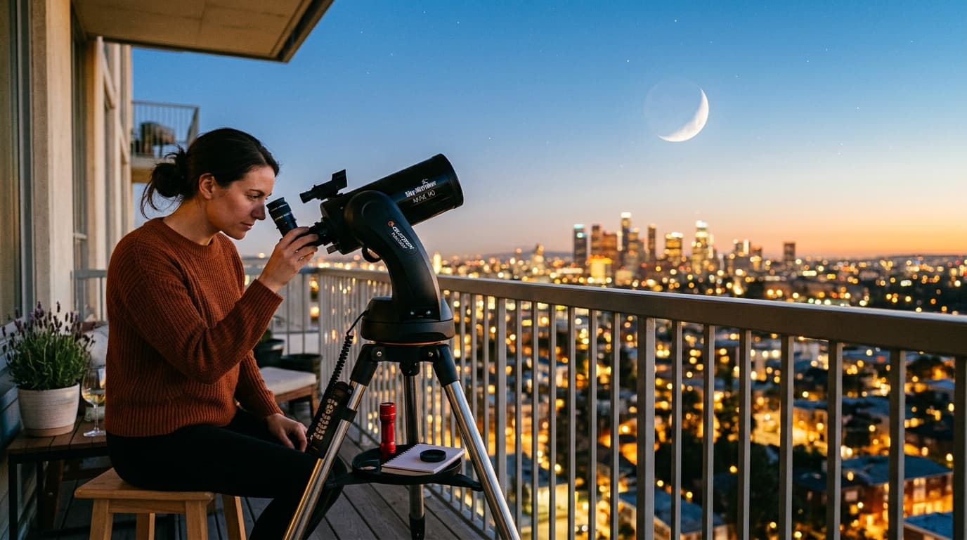 A compact Maksutov-Cassegrain telescope on a GoTo fork mount on a balcony with the Moon rising