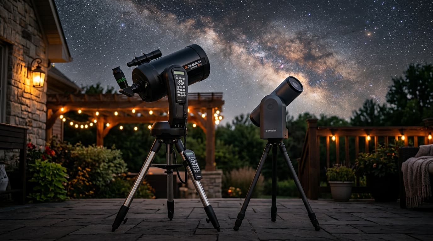 Premium telescope setup in a backyard observatory with the Milky Way overhead