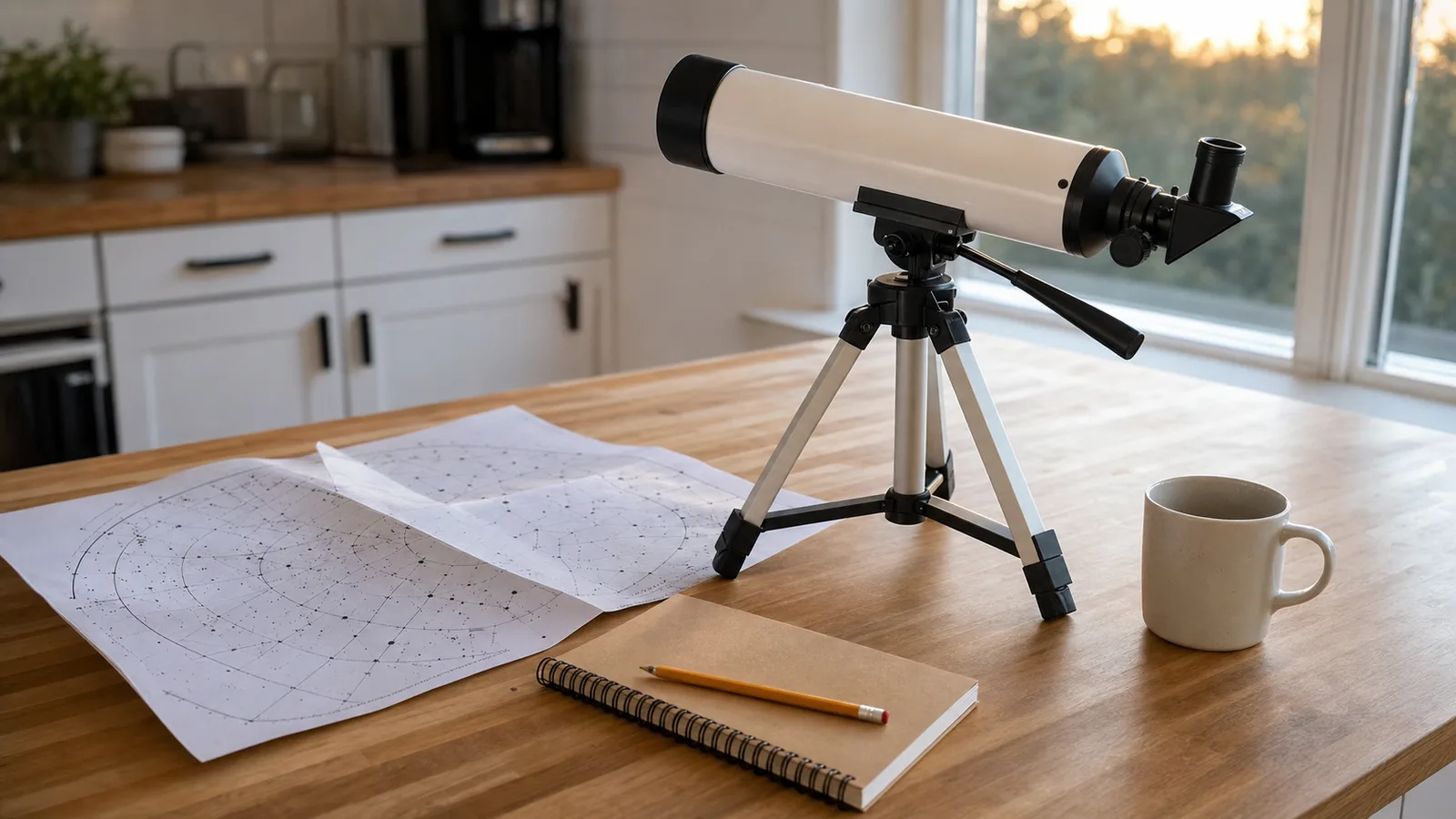 A compact alt-azimuth refractor telescope set up on a kitchen counter beside a printed star chart and a small notebook