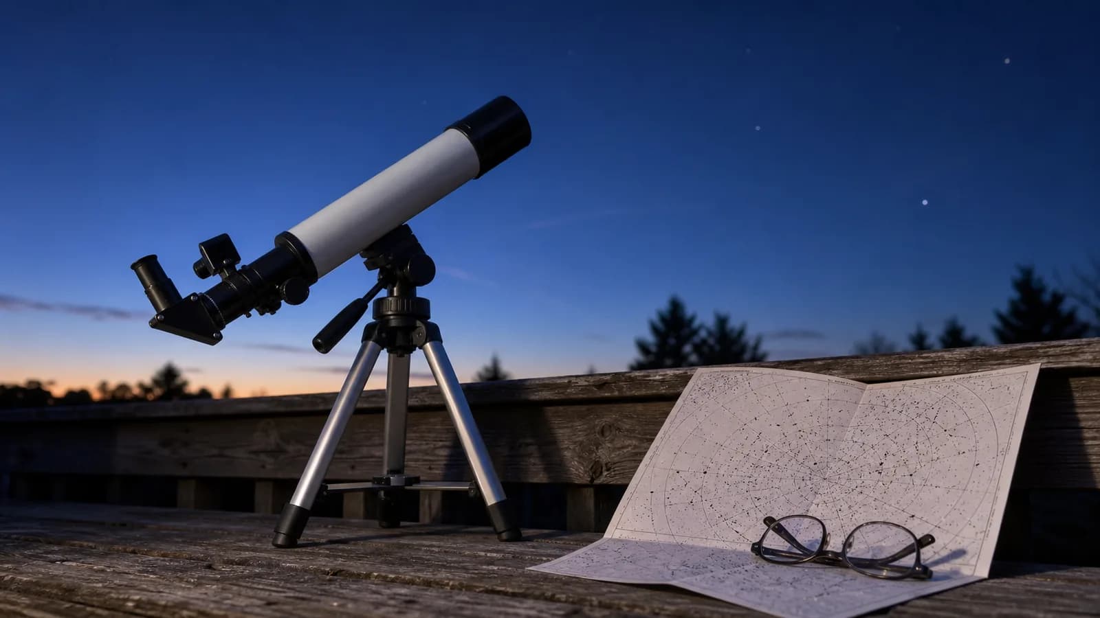 Small refractor telescope and night-sky printed star chart laid out on a porch railing at twilight