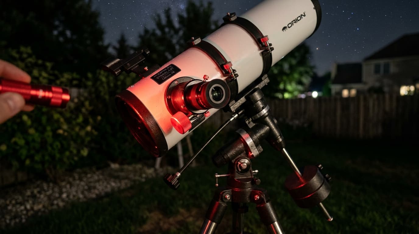 Close-up of a 127mm Newtonian reflector tube on an equatorial mount at night
