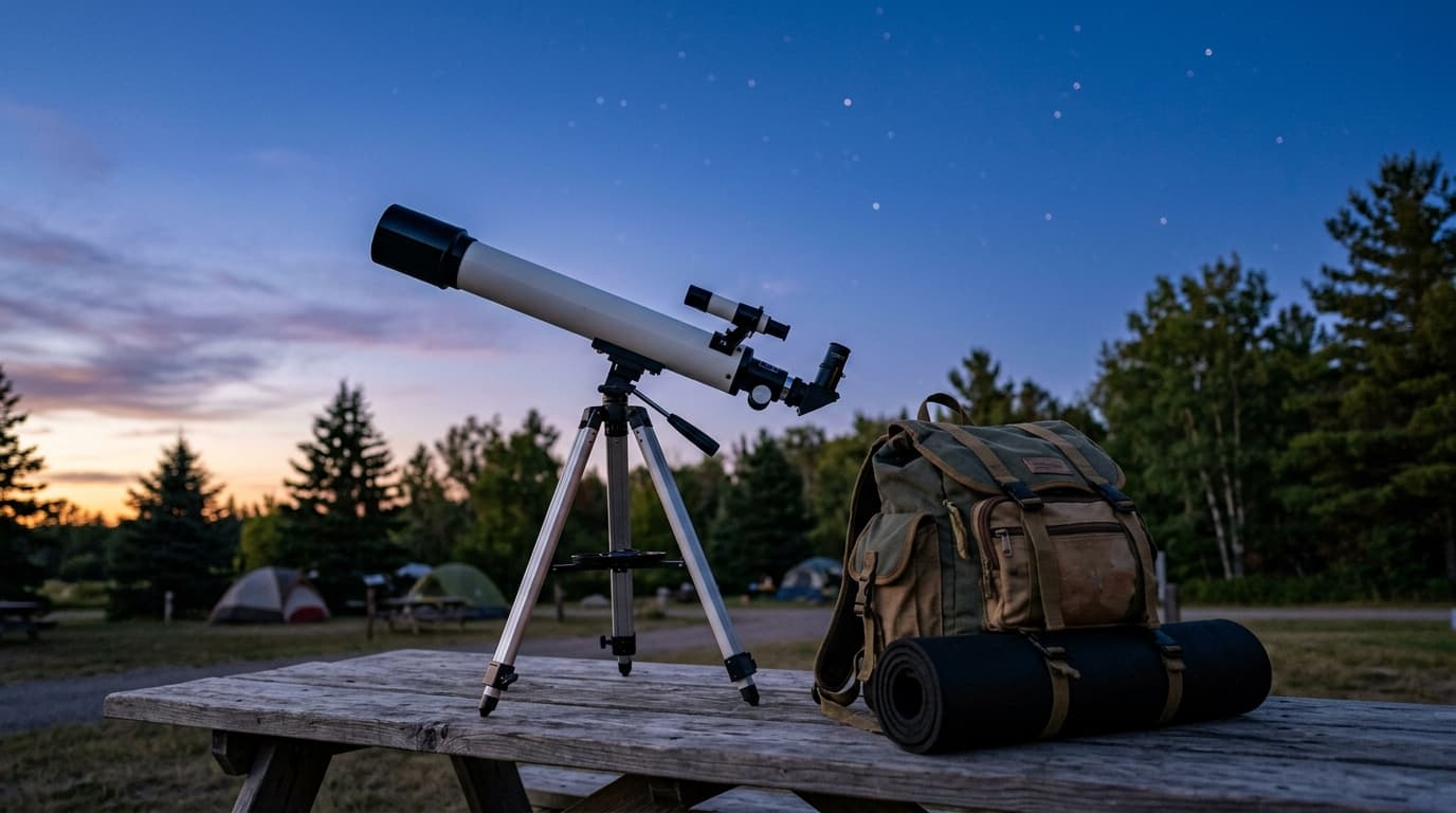 An 80mm refractor telescope and a travel backpack on a campground table at sunset