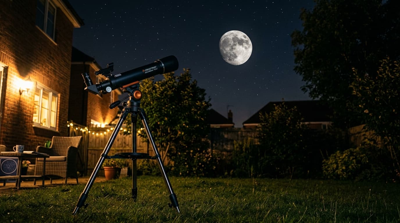 Budget telescope on a tripod in a backyard with the Moon visible overhead