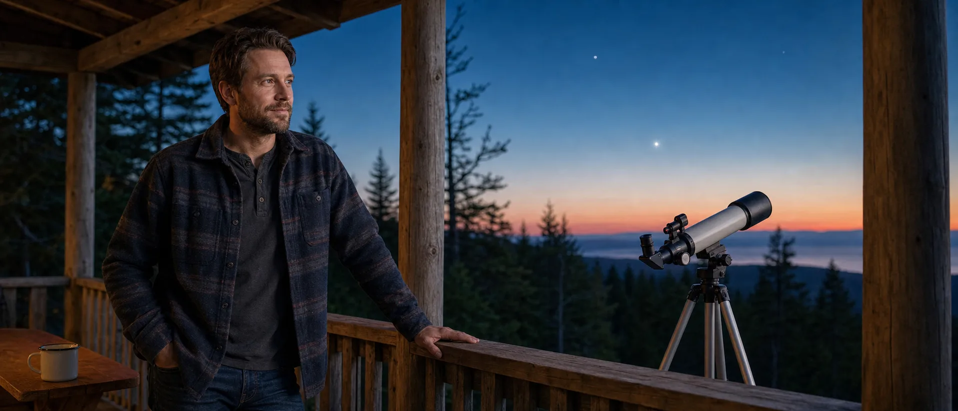 Alex Lindgren on a wraparound cabin porch at nautical twilight, observing through a small refractor telescope on a photo tripod by the railing