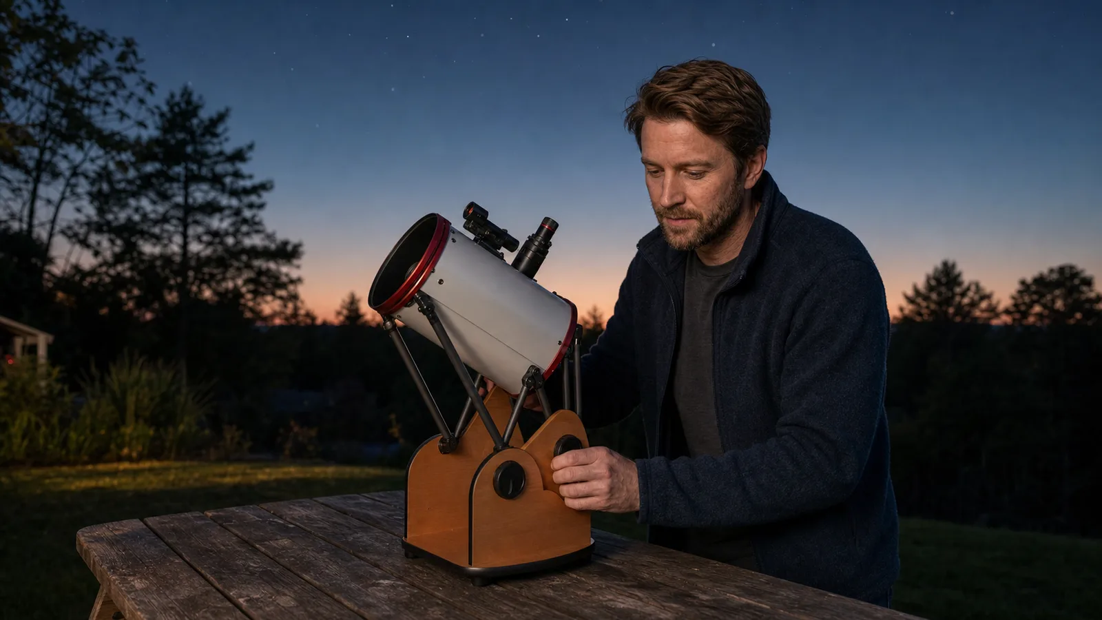 Alex Lindgren sets up a tabletop Newtonian reflector on a backyard picnic table at twilight