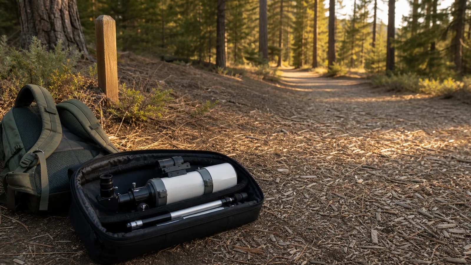 Compact 70mm refractor telescope packed in a soft carry case beside a small backpack on a hiking trailhead