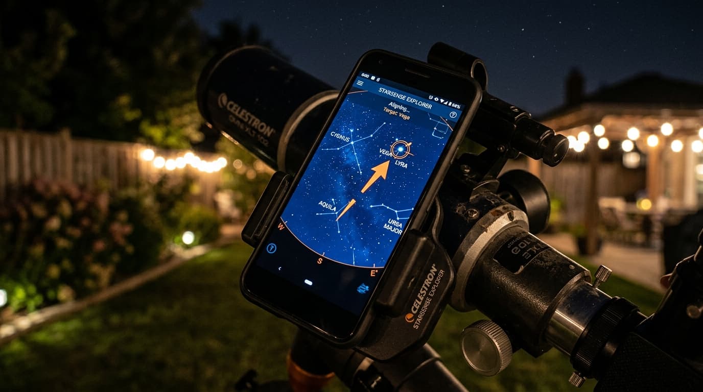 Celestron StarSense Explorer smartphone dock on a telescope showing guide arrows on the phone screen