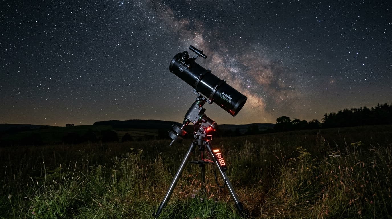 A 130mm Newtonian reflector on an equatorial mount with a motor drive under the Milky Way