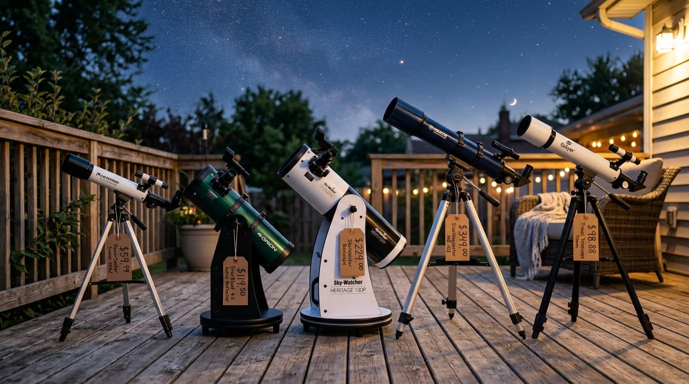 Collection of budget telescopes arranged on a wooden deck under a starry sky
