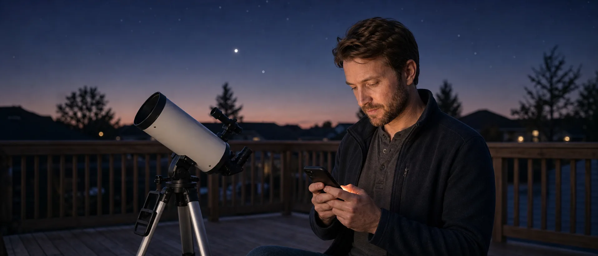 Beginner astronomer adjusting an app-guided 114mm reflector telescope on a suburban backyard deck at dusk