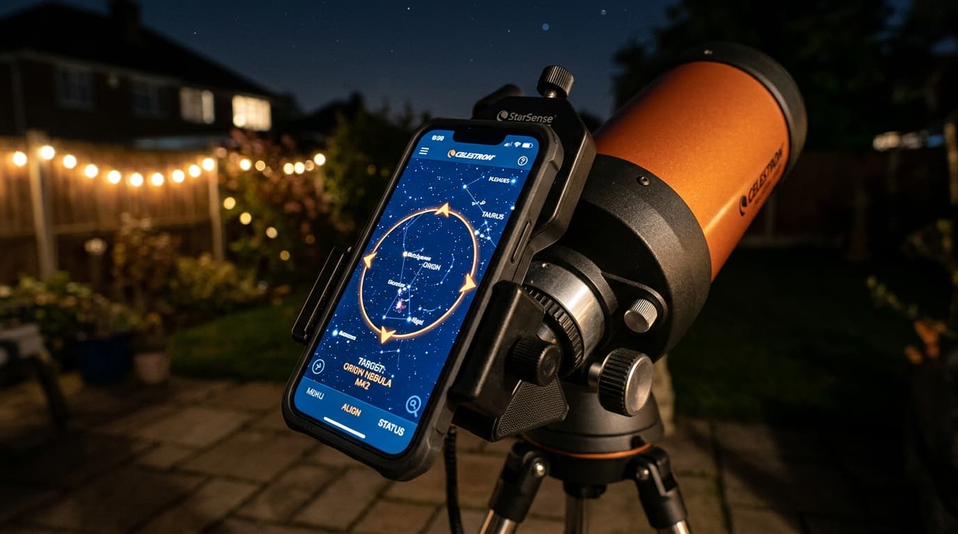 Celestron StarSense Explorer smartphone dock on a telescope showing guide arrows on the phone screen