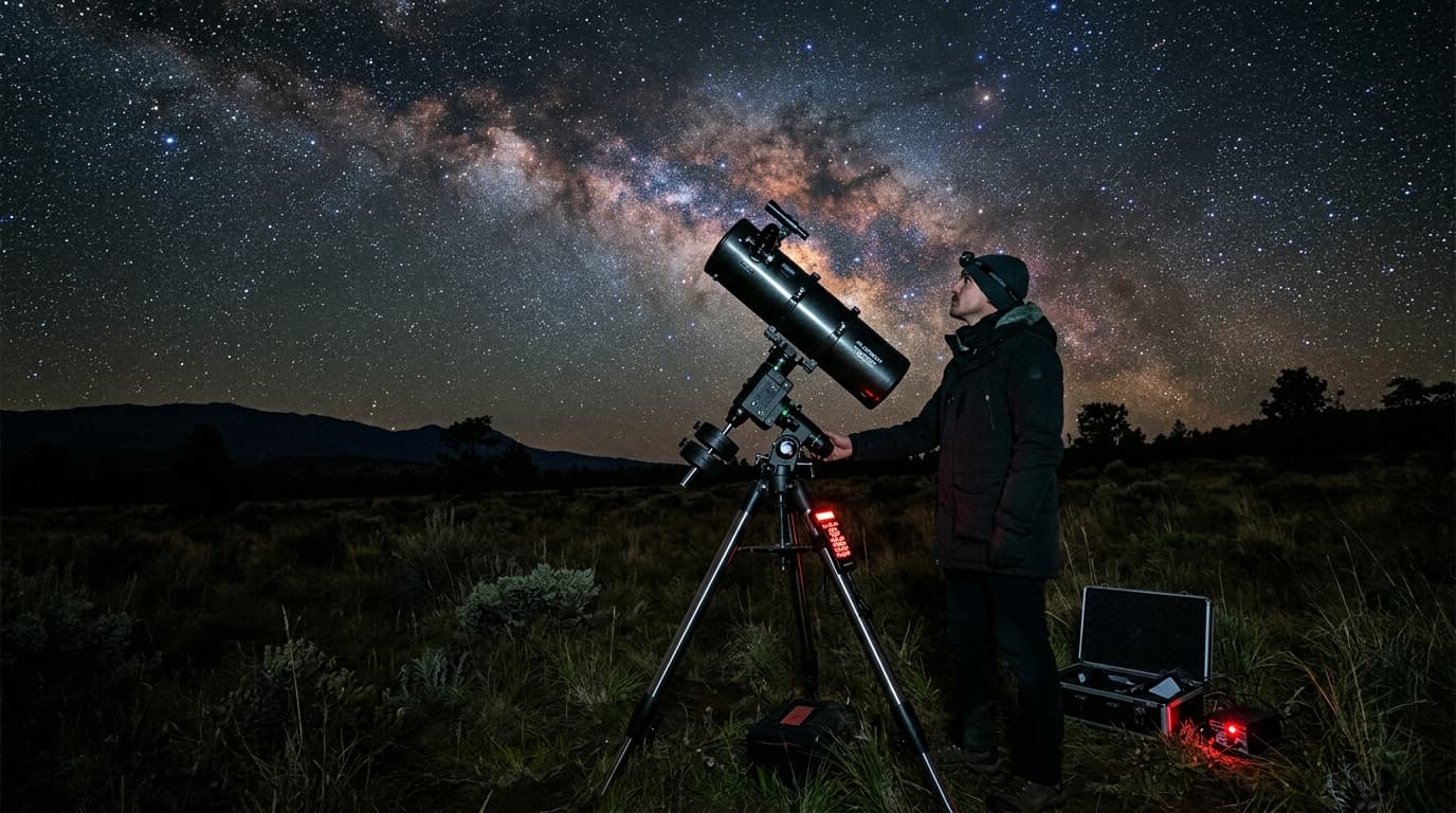 A 130mm Newtonian reflector on an equatorial mount under the Milky Way